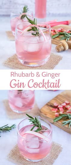 two glasses filled with pink gin and rosemary garnish on top of a table