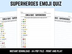 PRINTABLE SUPERHEROES EMOJI QUIZ: GUESS THE SUPERHEROES FROM THE EMOJIS Test your comic book knowledge with this fun and family-friendly Printable Superheroes Emoji Quiz! Perfect for quiz enthusiasts, this downloadable emoji pictionary game challenges players to guess the Superheroes based on emojis, making it a fun and engaging activity for all ages. FUN FOR ALL OCCASIONS Bring all the excitement and drama of a pub quiz night to any occasion, minus the sticky carpets and smug team in the corner Emoji Quiz With Answers, Office Team Building Activities, Office Team Building, Family Quiz, Emoji Quiz, Quiz Names, Quiz With Answers, Emoji Pictionary, Pub Quiz