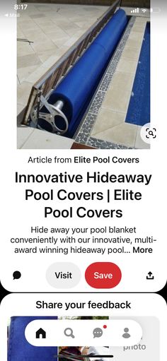 two screens showing different types of pool covers and the text above them that reads, inovative hideaway pool covers