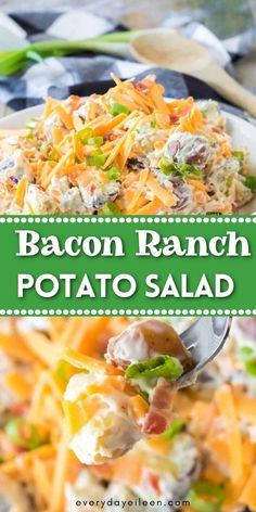 Close up of potato salad with bacon, ranch and cheese with Pinterest overlay. Bacon Ranch Potato Salad, Ranch Potato Salad, Summer Side Dishes Recipes, Bacon Ranch Potatoes, Potato Salad With Egg