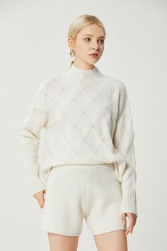 Fabric: 30% Cashmere 45% Wool 15% Viscose 10% Chinlon Color: White Care: Hand wash or dry clean This sweater is mock neckline. A blend of cashmere wool which is cozy and warm. Long sleeves. Rib cuff and the oversized silhouette. . Vented hem. Dropped shoulder. Model is 175cm/5'9" tall and wearing a size M. Mock Neckline, Fashion Gallery, Oversized Silhouette, Cashmere Wool, Final Sale, Bell Sleeve Top, Knitwear, Cashmere, Color White