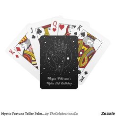 four playing cards with the words happy fortune written on them