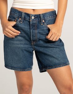 LEVI'S 501 Mid Thigh Womens Denim Shorts - Pleased To Meet You - DARK VINTAGE | Tillys Mid Thigh Denim Shorts, Womens Denim Shorts, Wwe T Shirts, Flannel Sweatshirt, Mid Rise Denim Shorts, Mid Thigh Shorts, Dark Vintage, Shorts Outfits, Womens Denim