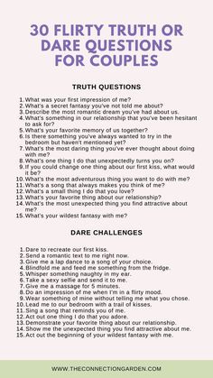 a poster with the words 30 flirty truth or dare questions for couples