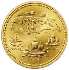 a gold coin with an image of ships on it