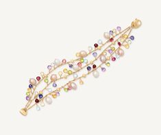 PARADISE 18K Yellow Gold 3-Strand Gemstone Bracelet With Freshwater Pearls BB2593_MIX114_Y_02 Three Strand Bracelet, Colorful Gemstones, Mix Of Colors, Golden Beads, Branded Gifts, Pearl Gemstone, Strand Bracelet, Pearl Size, Precious Gemstones