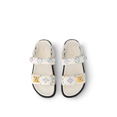 LOUIS VUITTON® - Lv Sunset Flat Comfort Sandal - White Luxury Spring Slides With Round Toe, Luxury Round Toe Slides For Spring, Luxury Slides For Spring, Louis Vuitton Slippers Women, Louis Vuitton Sandals Woman, Lv Slippers Women, Louis Vuitton Shoes Slides, Pink Louis Vuitton Sandals, Louis Vuitton Flats