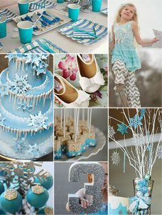 a collage of photos with blue and white decorations on it, including cake, cupcakes, flowers, and snowflakes