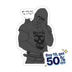 a sticker with the image of a man wearing a hoodie and holding a cell phone