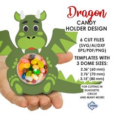 a hand holding a small green dragon with candy in it's mouth and the words dragon candy holder design above it