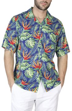 This softly draped camp shirt features a bold design making it an instant upgrade for your casual look. Spread collar Short sleeves Front button placket 97% rayon, 3% spandex Machine wash, tumble dry Imported Pride 2024, 170 Pounds, Admiral Blue, Camp Shirts, Camp Shirt, Floral Short, New Line, Bold Design, Tropical Floral