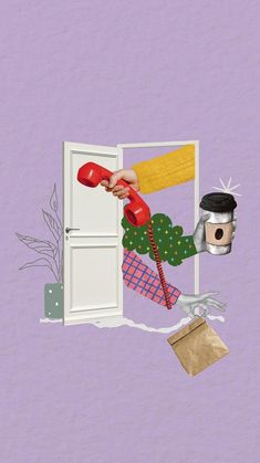 an open door with a hand holding a phone and other items coming out from it