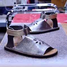 Custom Shoe of the Week: Child Sandals in Shiny Pewter, Slate and Shiny Platinum. Non-slip Closed Toe Leather Sandals, Non-slip Leather Closed Toe Sandals, Adjustable Leather Sole Barefoot Sandals For Spring, Adjustable Barefoot Sandals With Leather Sole For Spring, Lightweight Leather Sandals With Round Toe, Leather Sandals With Rubber Sole For Outdoor Activities, Lightweight Leather Round Toe Sandals, Leather Open Toe Sandals For Adventure, Comfortable Open Toe Sandals With Soft Sole