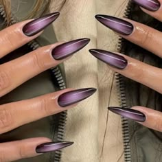 24 Count Press On Nails Gradient Purple/ Black Long Almond Shaped Includes Jelly Glue And Nail File New Almond Manicure, Summer Nail Looks, Brown Nail Ideas, Prom Nail Ideas, Minimal Nail Art, Brown Nail Designs, Black French Tip Nails, Minimal Nail, Y2k Nail