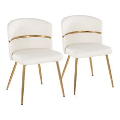 two white chairs with gold trim on them