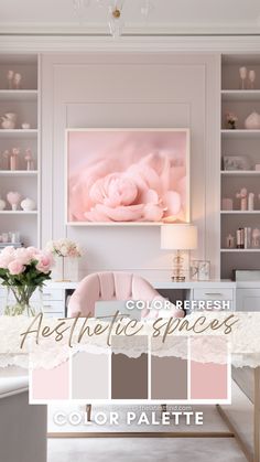 a living room filled with lots of furniture and pink flowers on top of the shelves