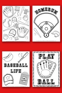 four different coloring pages with baseball related items