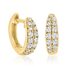 Ross-Simons - .40ct t. w. Diamond Huggie Hoop Earrings in 14kt Yellow Gold. 3/8". Day or night, these petite huggie hoop earrings lend the perfect amount of shimmer to any ensemble. Features .40 ct. t. w. round brilliant-cut diamonds that glitter and glow in a polished setting of 14kt yellow gold. Hanging length is 3/8". Hinged post, diamond huggie hoop earrings. Diamond birthstones are the perfect gift for April birthdays. Luxury Yellow Gold Huggie Earrings With Diamond, Luxury Yellow Gold Diamond Huggie Earrings, Gold Plated Diamond Accented Huggie Hoop Earrings, Luxury Gold-tone Gold-plated Huggie Earrings, Luxury 14k Gold Diamond-cut Huggie Earrings, Hoop Earrings Diamond, Diamond Birthstone, Earrings Diamond, Natural Gold