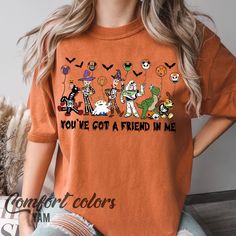 Retro Disney Toy Story Halloween Shirt, You Are Got A Friend In Me Shirt Disney Letter Print Top For Fall, Disney Fan Merchandise T-shirt For Fall, Disney T-shirt With Cartoon Print For Fall, Disney Character Print T-shirt For Fall, Disney Letter Print T-shirt For Fall, Toy Story Halloween, Halloween Travel, Toy Story Shirt, Halloween Disney