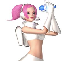 a cartoon character with pink hair and white outfit holding a pair of scissors in her right hand