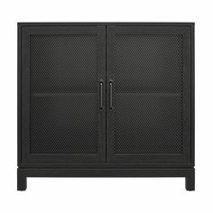 a black cabinet with two doors on one side and an open door on the other