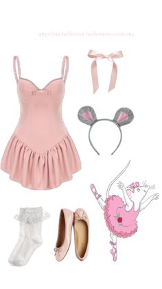 the costume is pink and has ears, shoes, and headbands on it