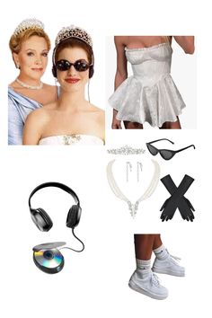 the princess and the frog costume is shown with headphones, gloves, necklaces, sunglasses