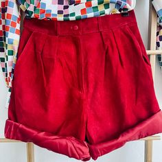 Amazing Vintage Red Leather Shorts By Pia Rucci, Nwt! These Are In Excellent Mint Condition With Tags Attached. - Lightweight Vibrant Red Leather Suede - Front Zip And Button Closure - Pleats/Darts At Front Waist - Pockets At Each Hip And Belt Loops - Single Back Pocket With A Nice Leather “V” Detail - Size 12 But Measures Like Modern 6/8 - W:14.5” Flat. H:19” Ttl Length Waist To Hem:21” - 15” From Crotch To Waistband - 6” Inseam - Excellent Condition. Please Note Temporary Markings At Waist Fro Chic Red High-waisted Shorts, High Waist Red Shorts For Fall, Chic High Waist Red Shorts, Chic Red Spring Shorts, Chic Red Shorts For Spring, Fitted Red Shorts For Fall, Red Spring Short Pants, Red Short Bottoms For Fall, Red Spring Shorts