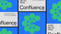 four posters with green and blue shapes on the front, one is for corfluence