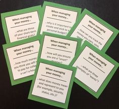 six cards with words on them that say when managing your money