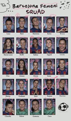 a group of people that are standing in front of a soccer poster with the names of each team