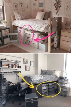 two pictures show the same room with different items in it, and one has an open bed