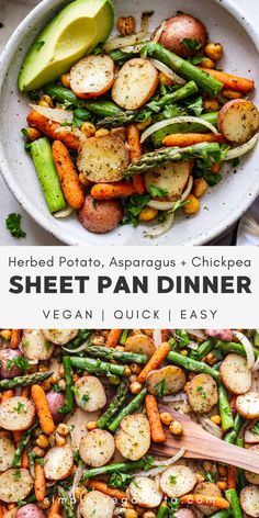 sheet pan dinner with roasted potatoes, asparagus and chickpeas in a white bowl