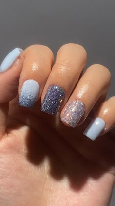 Blue Gray Nails Design, Teal And Silver Nails, Short Dip Powder Nails Winter, Glitter Dip Powder Nails, Chrome Blue Nails, Dip Powder Manicure, Purple Glitter Nails, Grey Nail Designs, Powder Palette