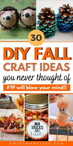 some pine cones and other crafts with text overlay that reads 30 diy fall craft ideas you never thought of