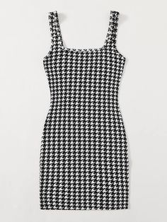 Plus Houndstooth Tank Bodycon Dress - INS | Online Fashion Free Shipping Clothing No Waist, Lantern Sleeve Dress, Black And White Style, Black And White Pattern, Color Black And White, Waist Line, Shein Style, Plus Dresses, Belted Dress