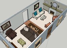 an overhead view of a living room and dining area in a small house or apartment