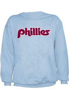 Philadelphia Phillies Mens Light Blue Coop Wordmark Long Sleeve Crew Sweatshirt Fan Apparel Sweatshirt With Ribbed Cuffs, Fan Apparel Long Sleeve Sweatshirt With Ribbed Cuffs, Team-colored Long Sleeve Sweatshirt For Winter, Throwback Long Sleeve Tops With Letter Print, Throwback Long Sleeve Letter Print Sweatshirt, Winter Team Logo Long Sleeve Sweatshirt, Blue Sports Sweats With Letter Print, Blue Fleece Sweats With Letter Print, Blue Casual Sweatshirt With Team Name