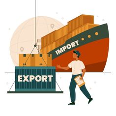 a man walking next to a container ship with the word export on it and an image of