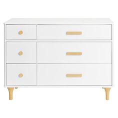 a white dresser with gold handles and drawers on the bottom, against a white background