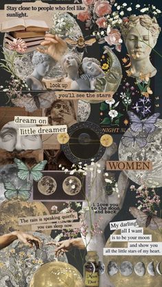 a collage of different images with words and pictures on the bottom, along with an image of a woman's face surrounded by flowers