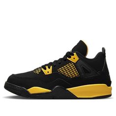 The Air Jordan 4 Retro 'Thunder' is a classic silhouette with modern details. Its micro-waffle toe design provides flexibility and toe protection, while the durable sole material and anti-slip pattern provide a stable grip. The black and tour yellow colorway offers a stylish and timeless look. Perfect for any activity, the Air Jordan 4 Retro 'Thunder' is a must-have for any sneaker enthusiast. Black And Yellow Jordans, Jordan 4 Outfits, Slip Pattern, Jordan 4’s, Nike Air Jordan 4 Retro, Blue Thunder, Nike Air Jordan 4, Jordan Retro 4, Preppy Shoes