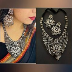 Add style and charisma to your beautiful personality with this exquisitely designed and handcrafted high quality silver look alike necklace set .Pair it up with any casual, semi formal or, formal attire and gather compliments for your unique and classy choice. Ideal wear for both casual and dressy occasions Necklace length 24 inches with an adjustable black dori at the back Weight 180 GM's Each earring weighs 20 GM's ( earrings are light weight and comfortable to wear) Length 3.5 inches Note: Al Traditional Silver Jewelry Sets With Stone Work, Silver Jewelry Sets With Stone Work For Celebration, Festive Silver Jewelry Sets With Stone Work, Traditional Oxidized Finish Necklace For Party, Bollywood Style Jewelry With Oxidized Finish For Party, Silver Jewelry With Stone Work For Festivals, Traditional Silver Chandbali Jewelry Sets, Bollywood Style Silver Kundan Jewelry Sets, Traditional Sterling Silver Necklaces For Party