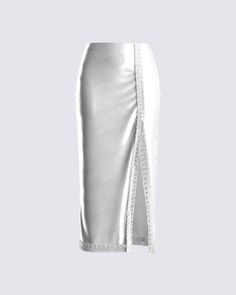 Bless them with your presence in this white satin lace skirt ✨ With a divine vibe, and classy look, this skirt is crafted from satin fabric, and boasts a lace trim, a high slit, and a discreet side zipper 🤍 Beauty Shop Decor, Dress Reference, White Corset Dress, Coquette Clothing, Yellow Mini Dress, Rhinestone Top, Black Off Shoulder, Sequin Mini Skirts, Pink Sequin