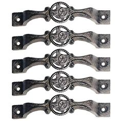 four black metal handles are shown in this image, and one has an emblem on it