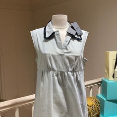 Brand New Never Worn Bought In Italy Stonewashed Blue Ruffle Calor Trim Side Zipper A21 Container Miu Miu Collared Tops For Work, Miu Miu Collared Tops For Workwear, Miu Miu Collared Workwear Tops, Casual Collared Tops By Miu Miu, Miu Miu Tops For Spring Workwear, Miu Miu Casual Tops For Workwear, Casual Miu Miu Tops For Spring, Miu Miu Sleeveless Spring Dresses, Spring Sleeveless Miu Miu Dresses