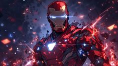 an iron man standing in front of some exploding red and blue lights with his hands on his hips