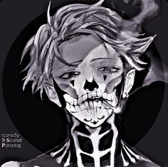 a black and white drawing of a man with his face painted to look like a skeleton