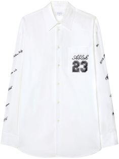 white/black cotton embroidered logo number patch to the front straight-point collar front button fastening long sleeves curved hem Black Long Top, Off White Clothing, Off-white Logo, Logo Number, Off White Mens, White Shirts, Men Looks, Oversized Shirt, Casual Wardrobe