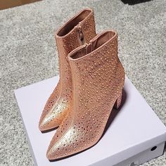 Rose Gold Rhinestone Encrusted Boot By Top Moda. She's A Beauuuuty! Formal Rhinestone Boots For Spring, Rose Gold Boots, Gold Boots, Top Moda, Fall Ideas, Shoe Show, Gold Rhinestone, Cool Patterns, Quince